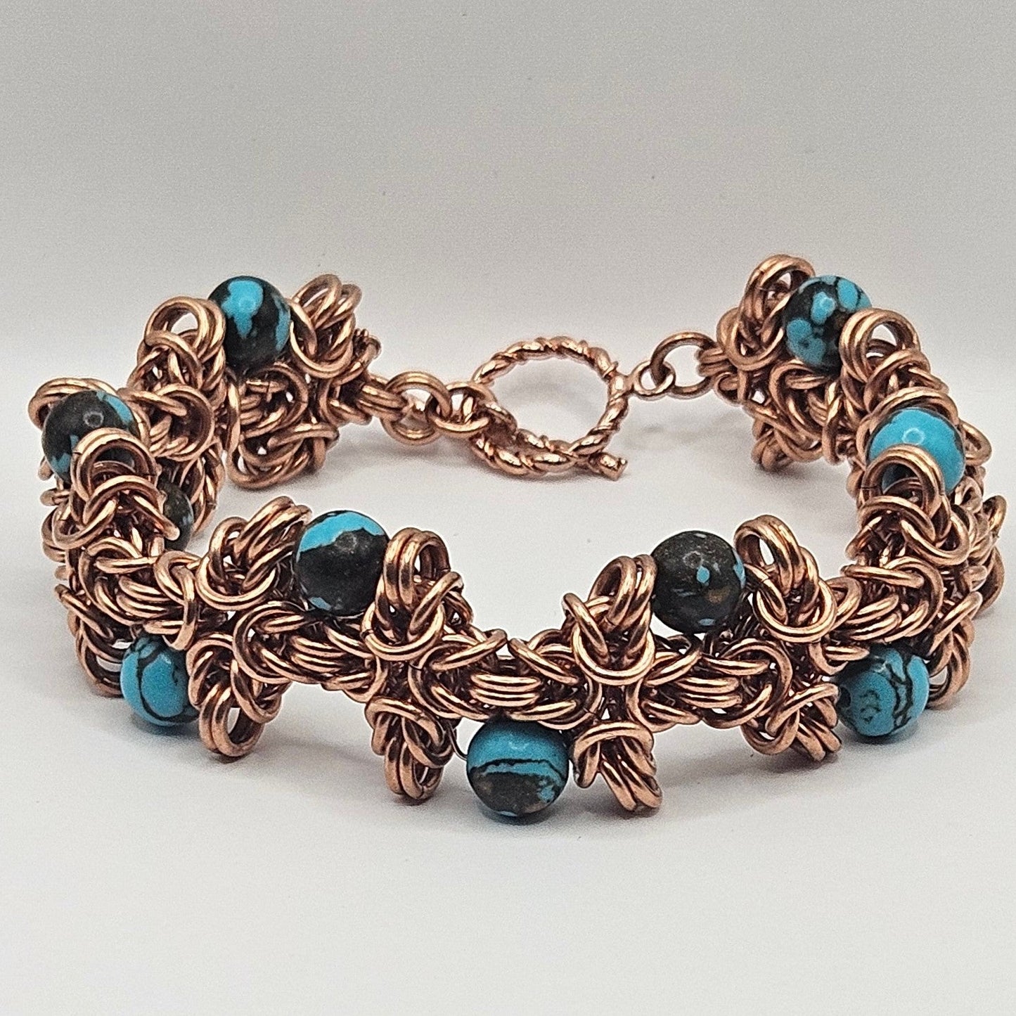 Copper Turquoise Statement Beaded Chainmaille Bracelet