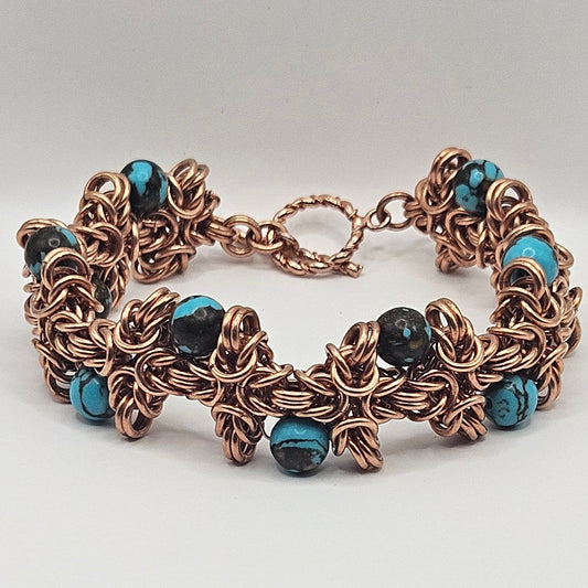 Copper Turquoise Statement Beaded Chainmaille Bracelet